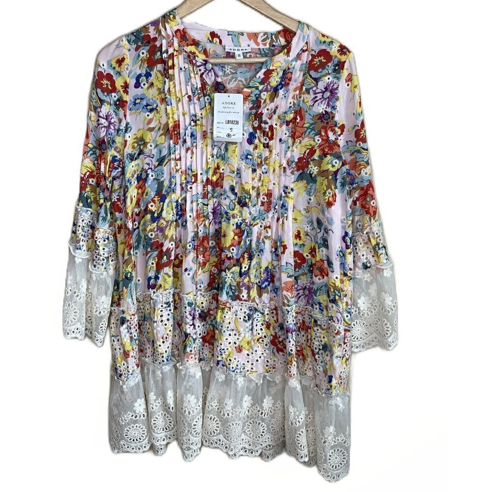 Adore floral pull over bell sleeve embroidered dress